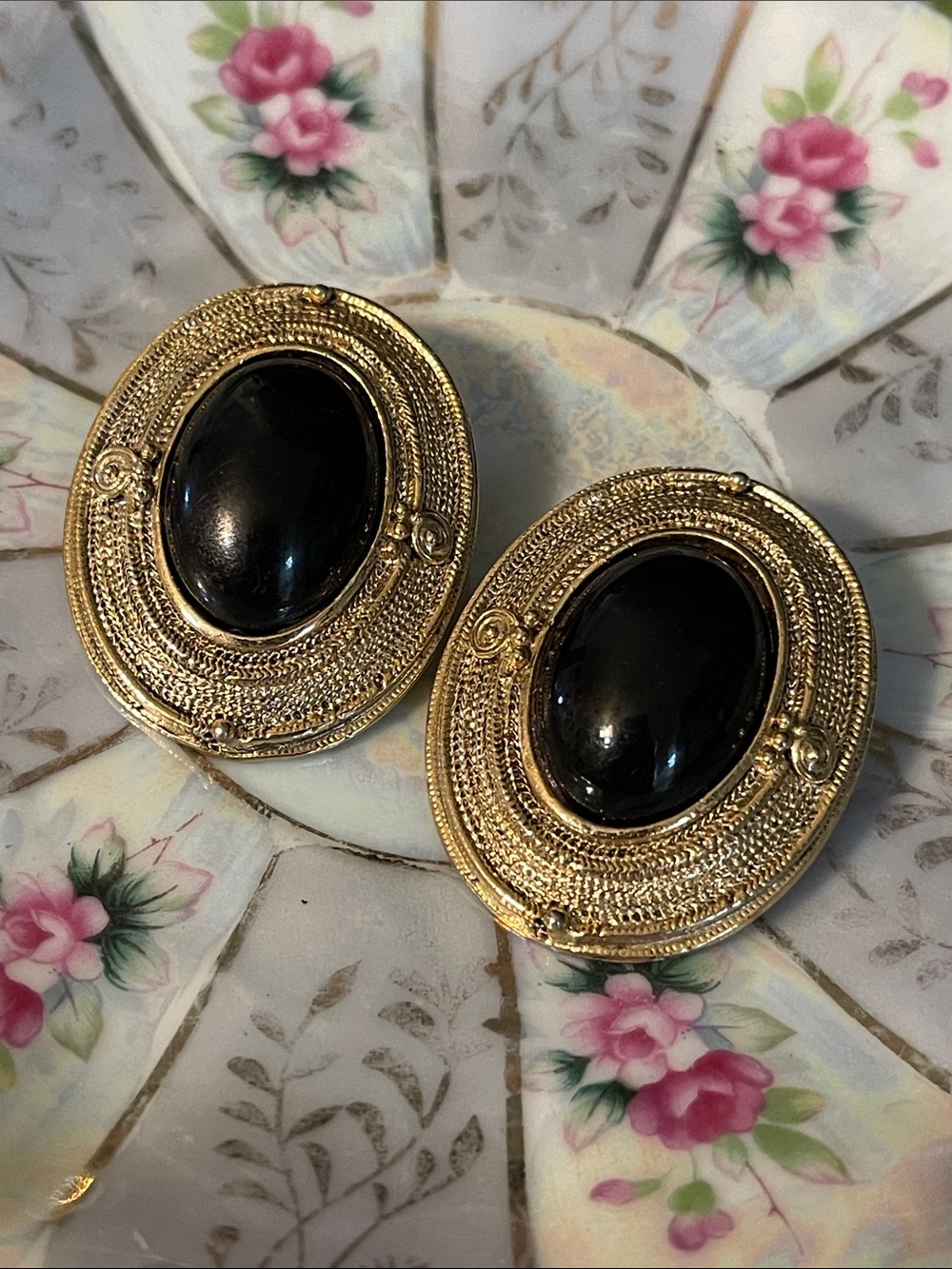 Vintage Victorian Revival Black & Gold Oversized Statement Clip-On Earrings